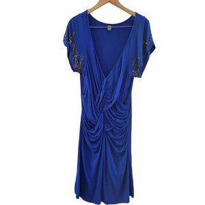 Free People Blue Boho Metal disc sleeve accents Criss cross Size Large Tiny Flaw